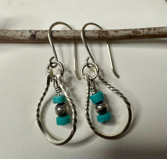 Turquoise and Navajo pearl dangle teardrop style, sterling silver twisted wire earrings / turquoise earrings