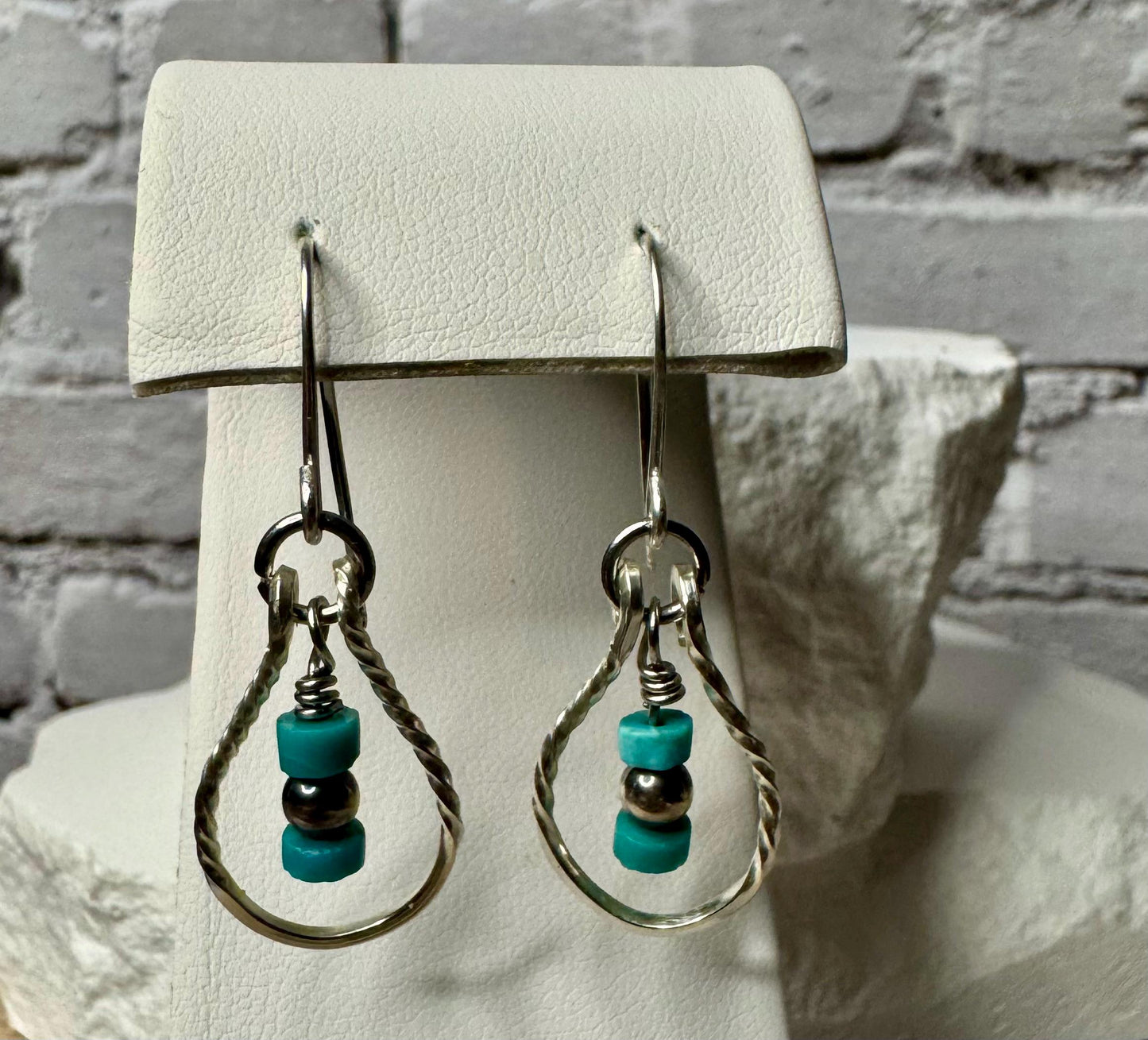 Turquoise and Navajo pearl dangle teardrop style, sterling silver twisted wire earrings / turquoise earrings