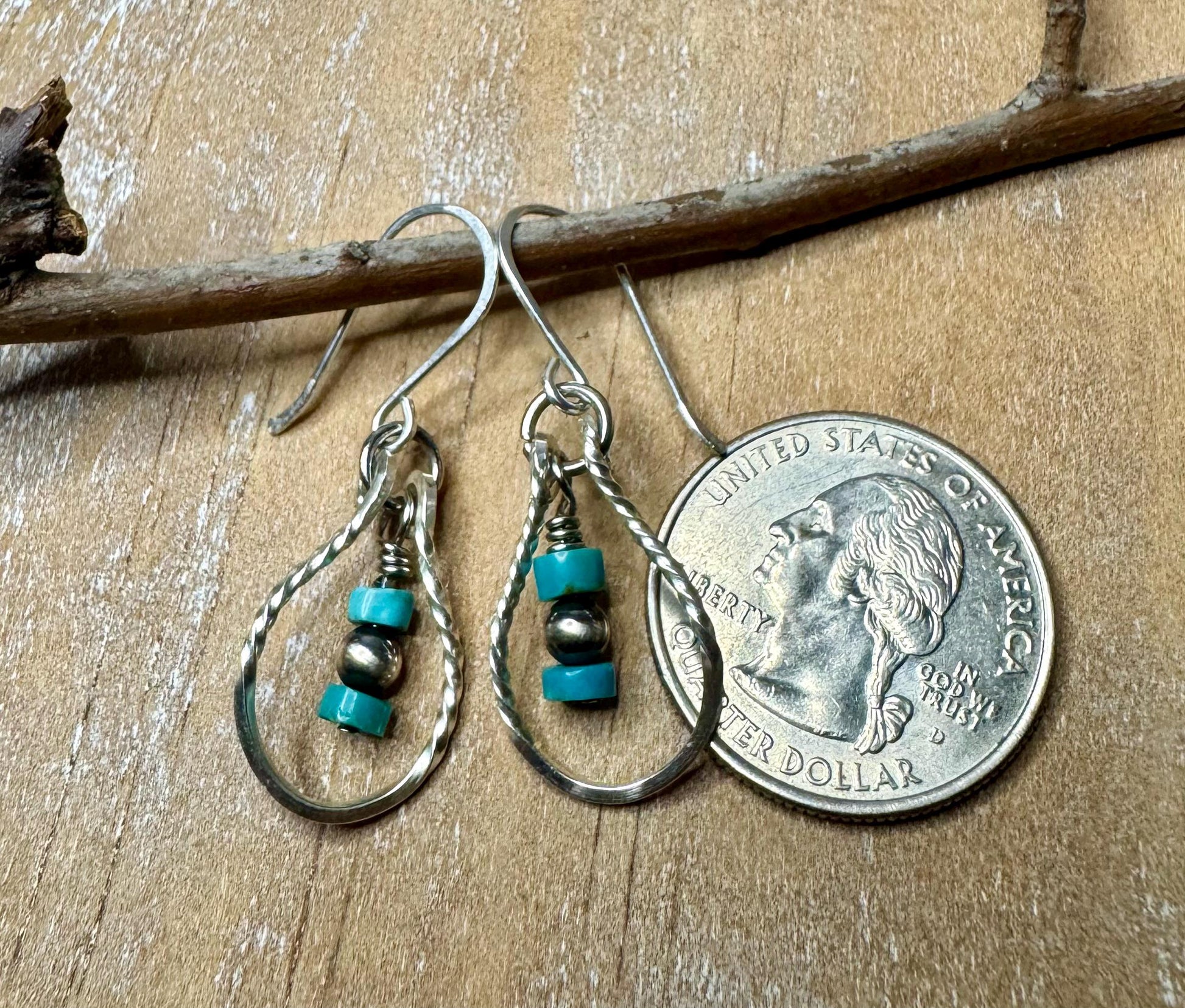 Turquoise and Navajo pearl dangle teardrop style, sterling silver twisted wire earrings / turquoise earrings
