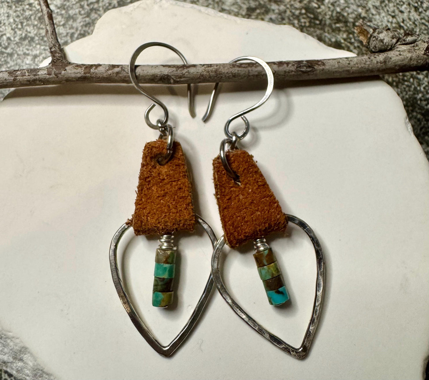 Leather earrings teardrop style with turquoise / genuine suede leather earrings