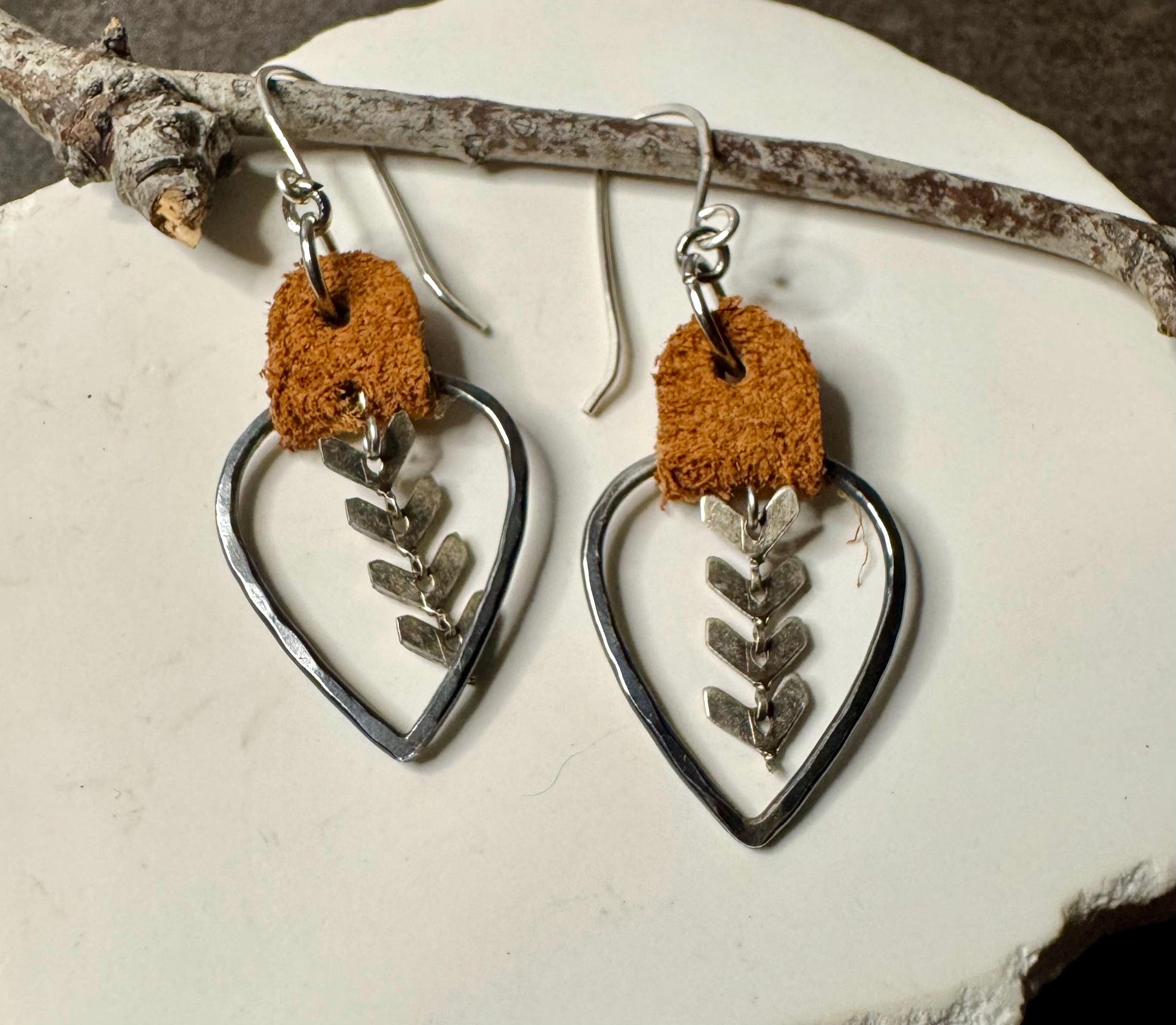 Leather teardrop earrings with chevron chain / genuine suede leather earrings