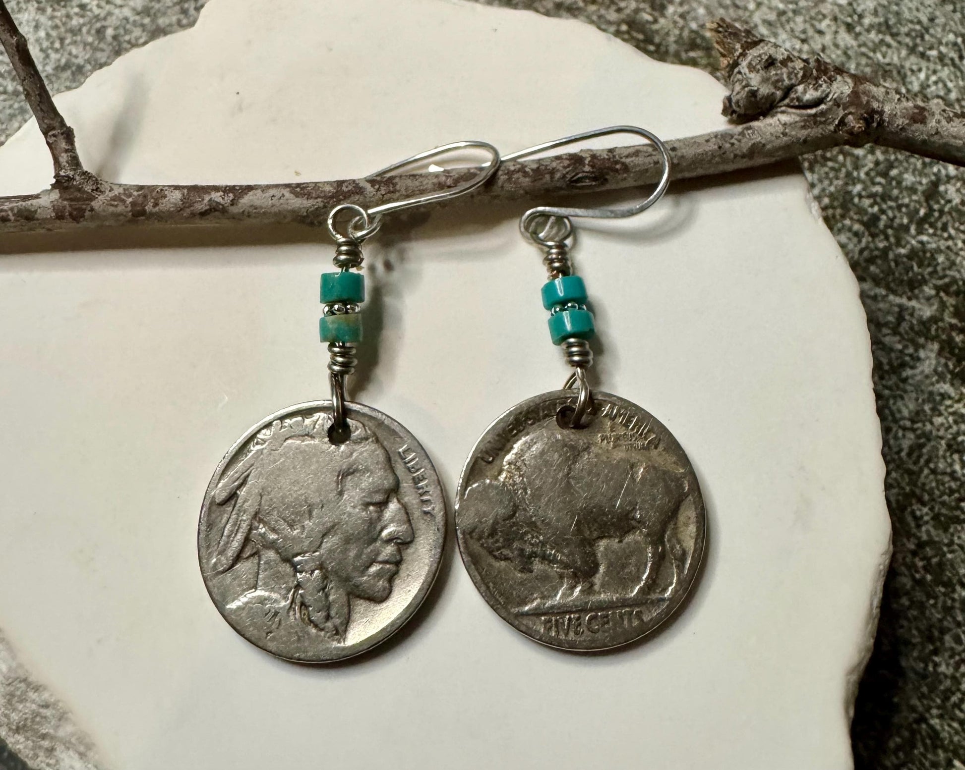 Indian head buffalo nickel earrings with turquoise gemstone / turquoise earrings