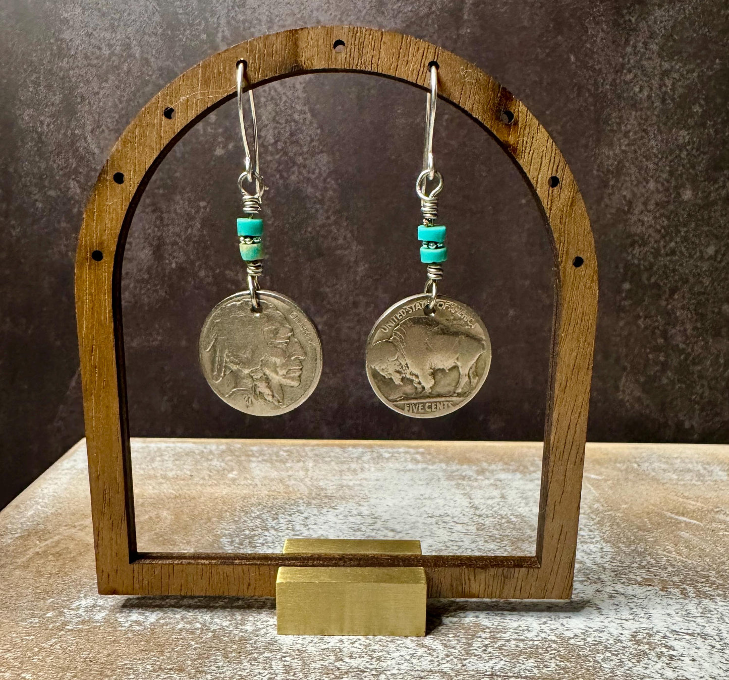 Indian head buffalo nickel earrings with turquoise gemstone / turquoise earrings