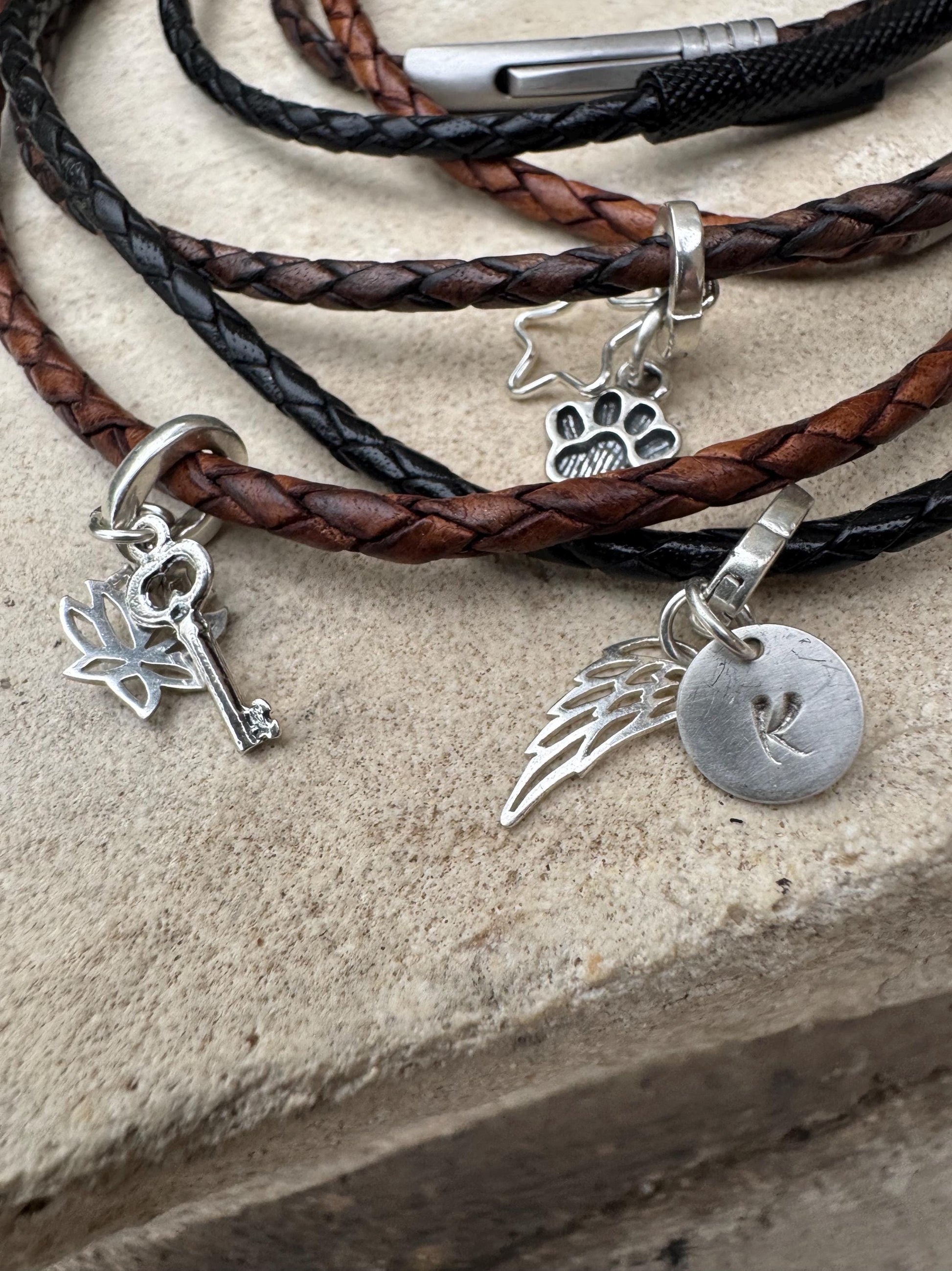 Braided leather charm necklace with bayonet closure / triple wrap genuine leather necklace/ personalized leather sterling charm necklace