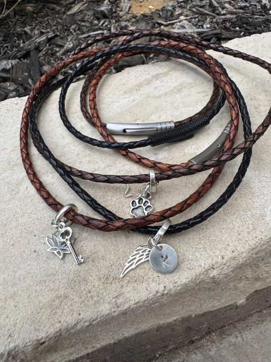 Braided leather charm necklace with bayonet closure / triple wrap genuine leather necklace/ personalized leather sterling charm necklace