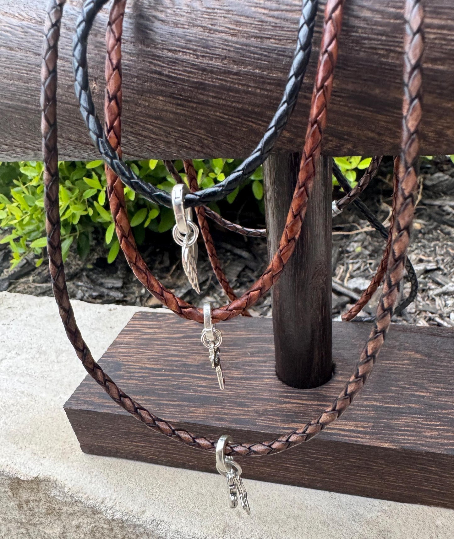 Braided leather charm necklace with bayonet closure / triple wrap genuine leather necklace/ personalized leather sterling charm necklace