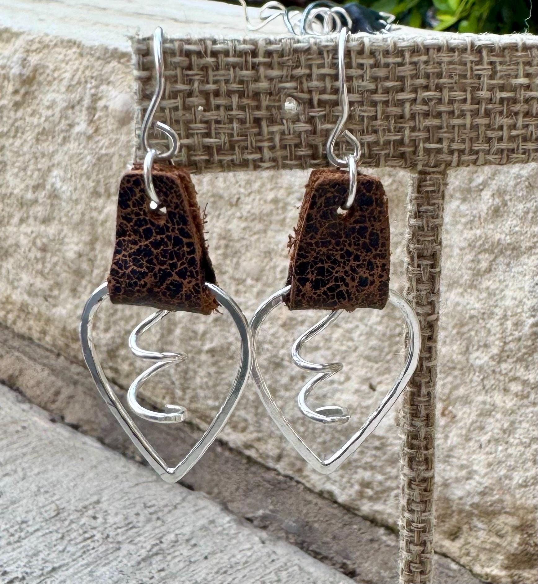 Leather earrings, teardrop hammered style, with sterling spiral dangle / genuine leather earrings