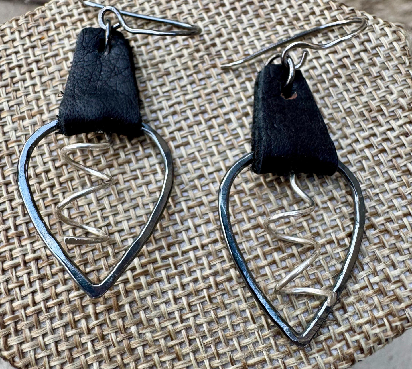 Leather earrings, teardrop hammered style, with sterling spiral dangle / genuine leather earrings