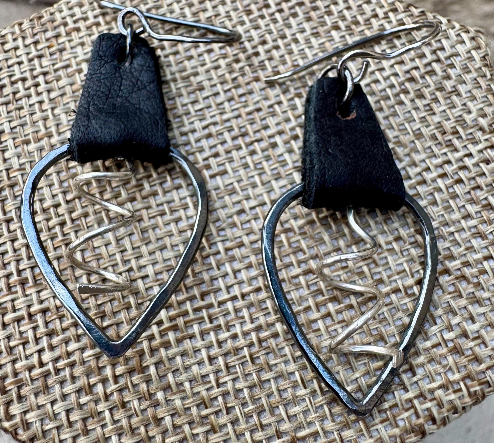 Leather earrings, teardrop hammered style, with sterling spiral dangle / genuine leather earrings