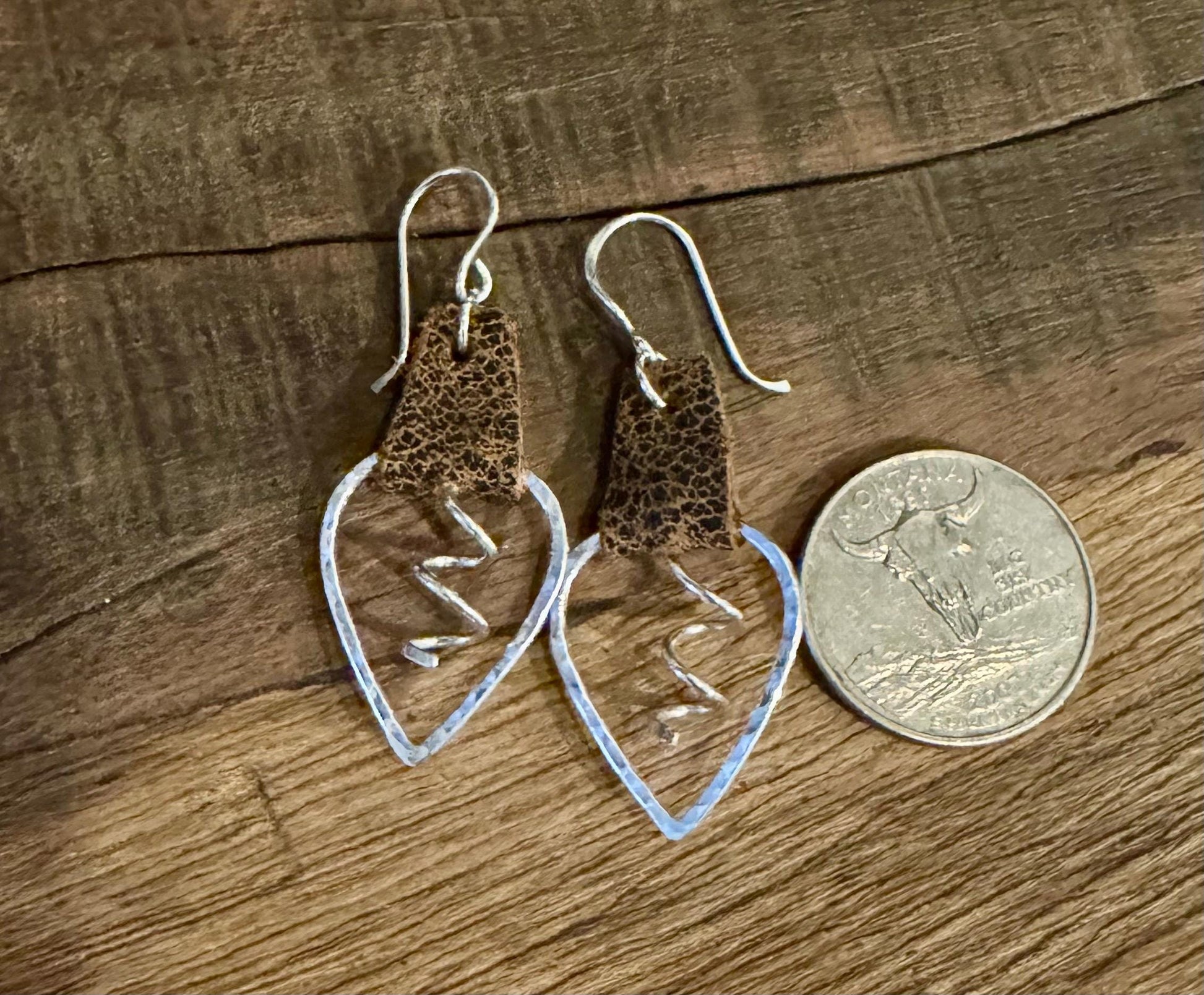 Leather earrings, teardrop hammered style, with sterling spiral dangle / genuine leather earrings