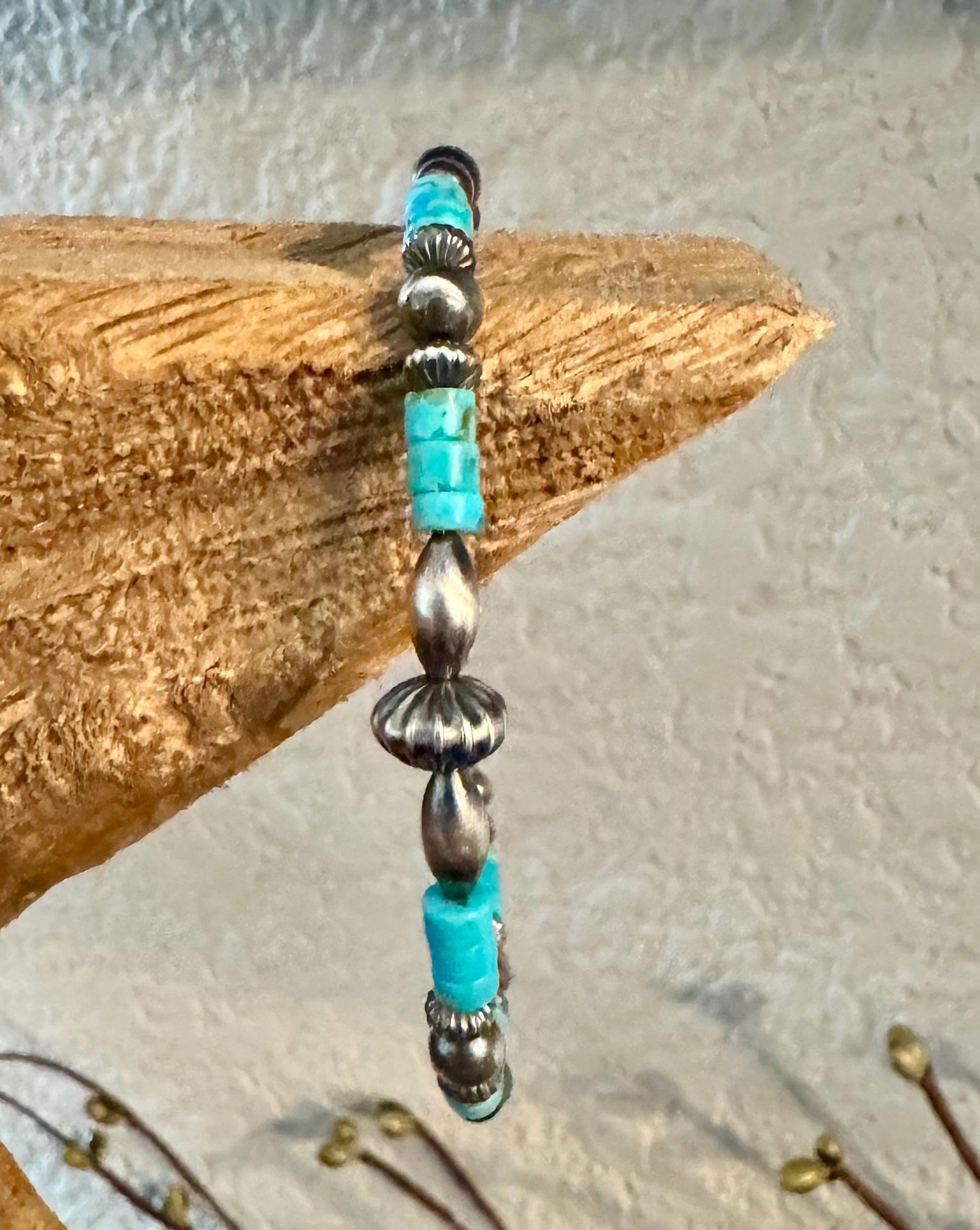 Turquoise Navajo pearl torpedo bracelet / beaded gemstone sterling silver bracelet