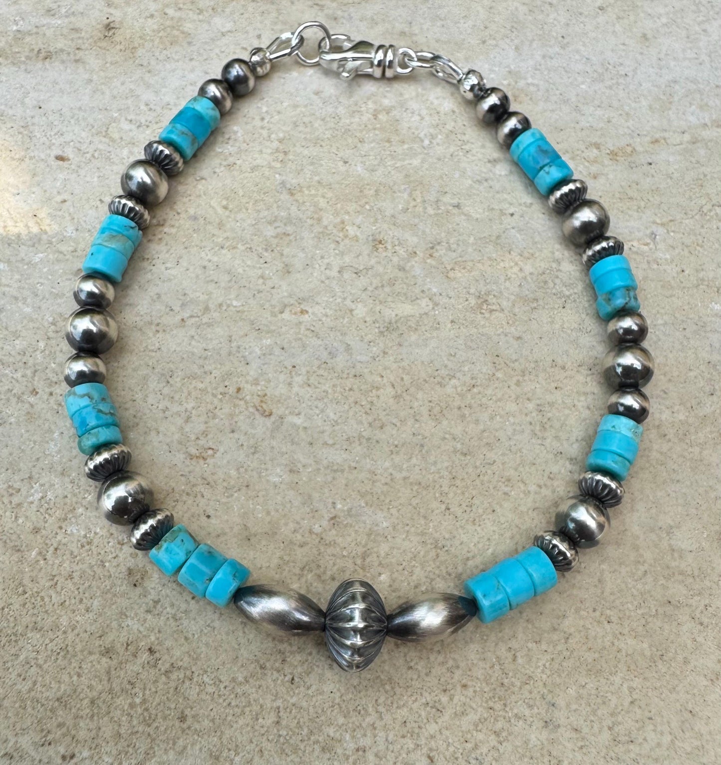 Turquoise Navajo pearl torpedo bracelet / beaded gemstone sterling silver bracelet