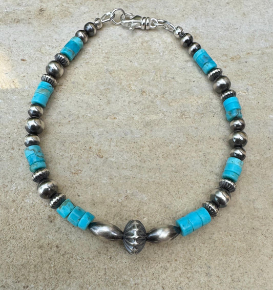 Turquoise Navajo pearl torpedo bracelet / beaded gemstone sterling silver bracelet