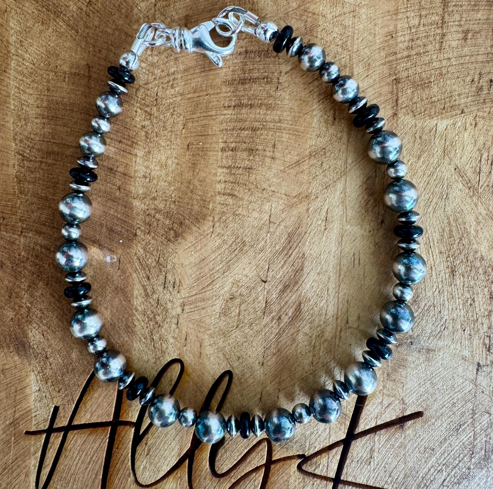Navajo Pearl Bracelet with black onyx / sterling silver gemstone beaded bracelet