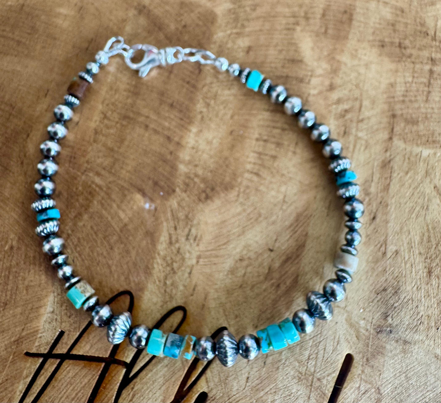 Navajo Pearl Bracelet with Kingman Blue Green Turquoise