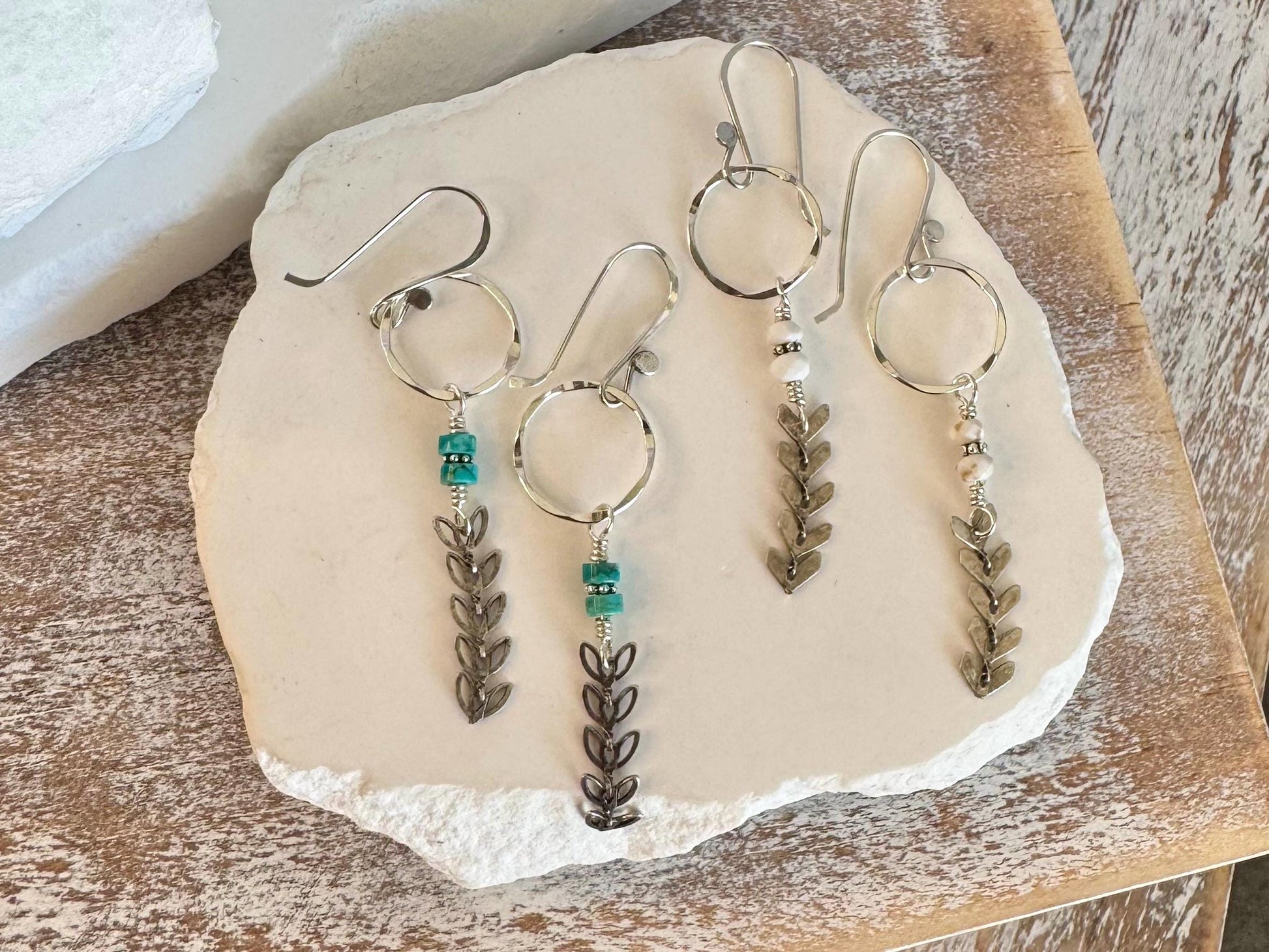 Sterling silver earrings with chain with turquoise gemstone / gemstone beaded sterling silver earrings