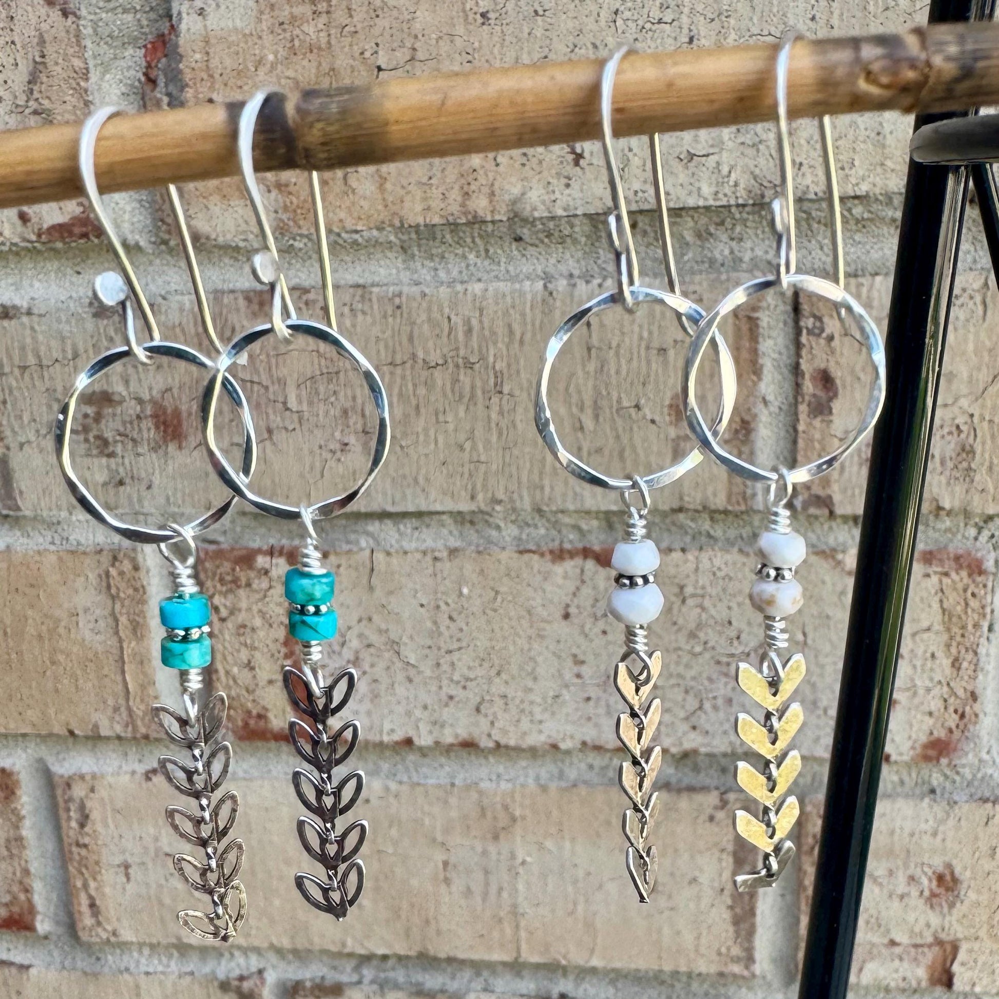 Sterling silver earrings with chain with turquoise gemstone / gemstone beaded sterling silver earrings