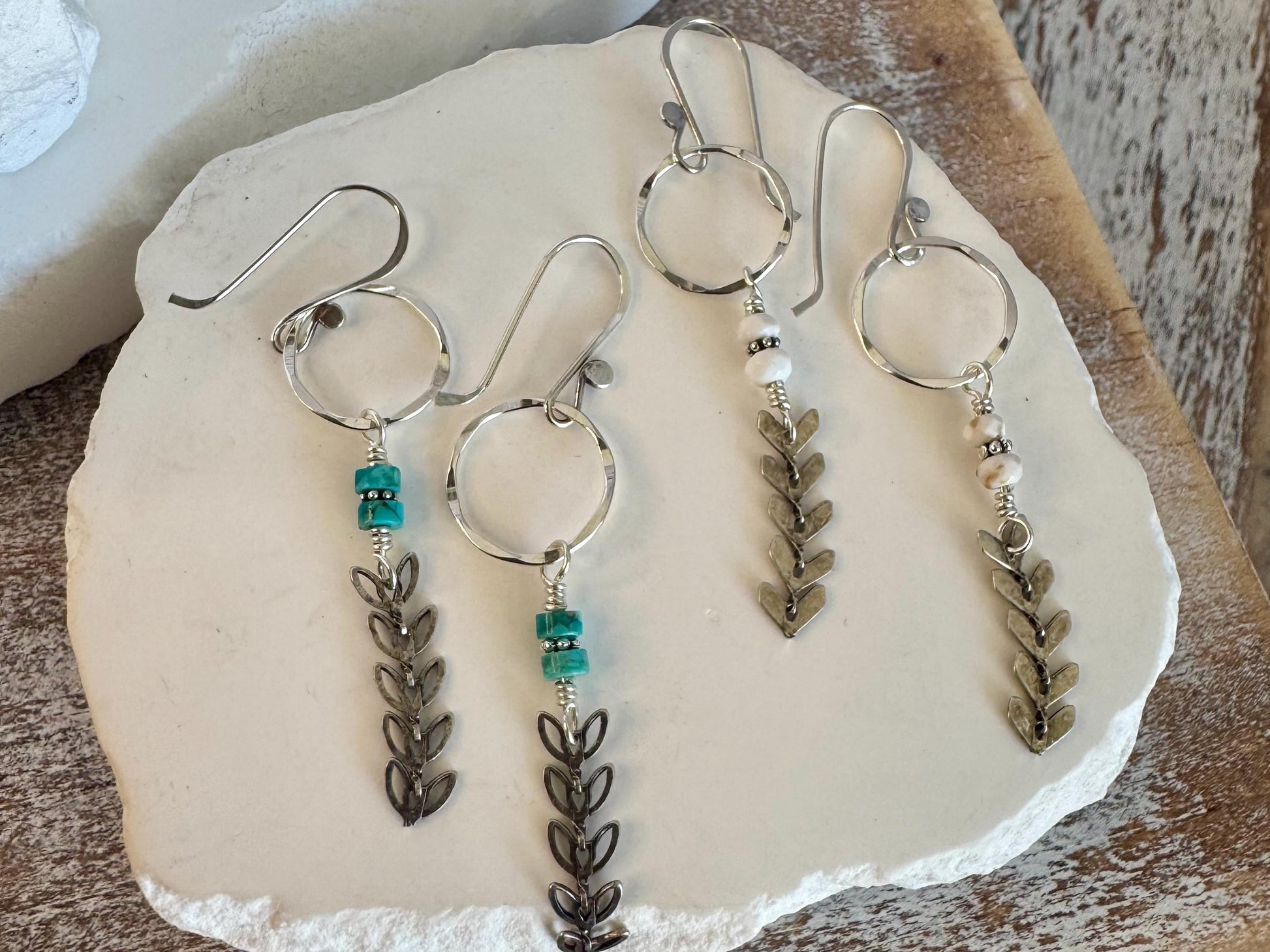 Sterling silver earrings with chain with turquoise gemstone / gemstone beaded sterling silver earrings