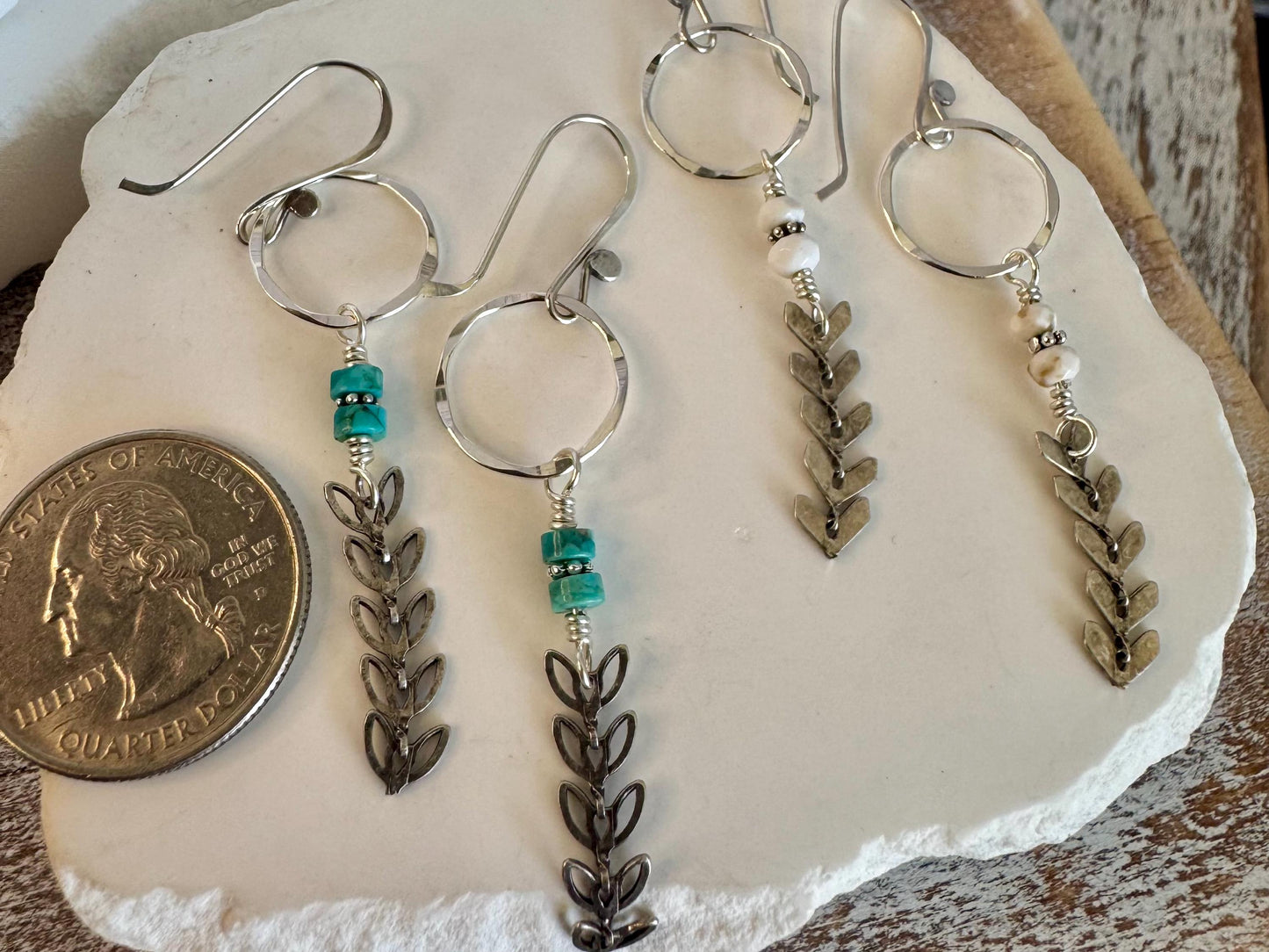 Sterling silver earrings with chain with turquoise gemstone / gemstone beaded sterling silver earrings