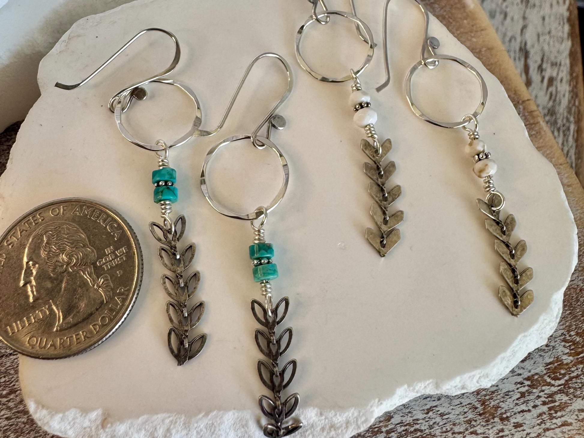 Sterling silver earrings with chain with turquoise gemstone / gemstone beaded sterling silver earrings