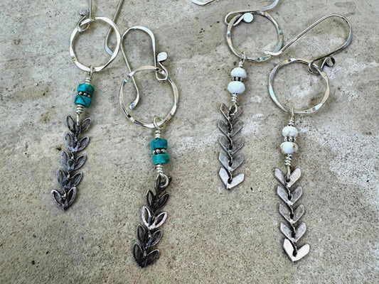Sterling silver earrings with chain with turquoise gemstone / gemstone beaded sterling silver earrings
