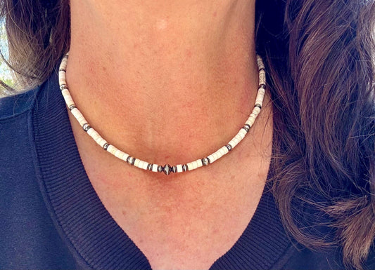 Navajo Pearl and White Turquoise Necklace, Sterling Silver Gemstone Necklace, Southwestern Jewelry, Beaded Necklace, Elegant Gift