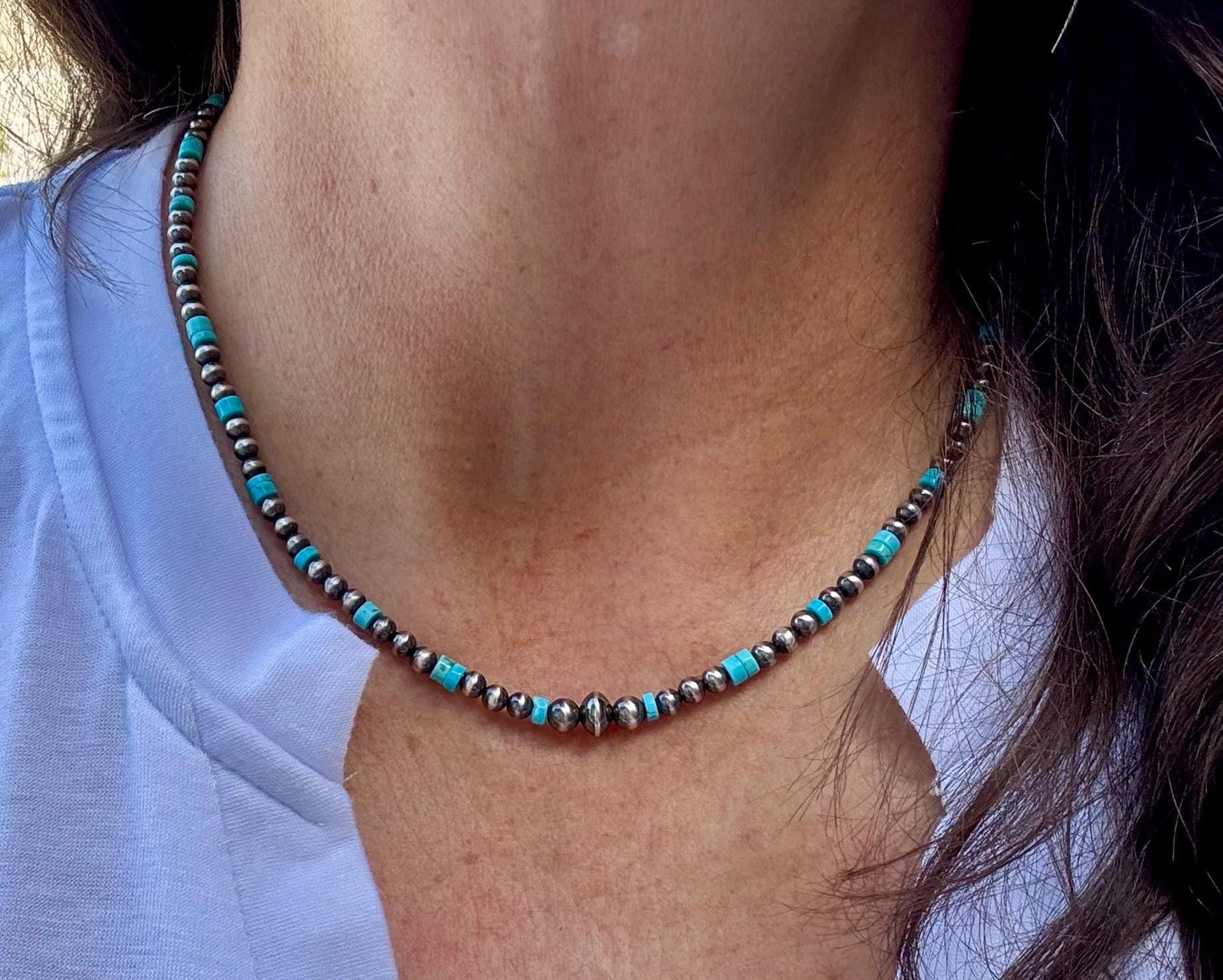 Navajo Pearl and Kingman Turquoise Necklace, Genuine Turquoise Beaded Necklace, Gemstone Necklace, Choker Necklace, Authentic Navajo Pearls