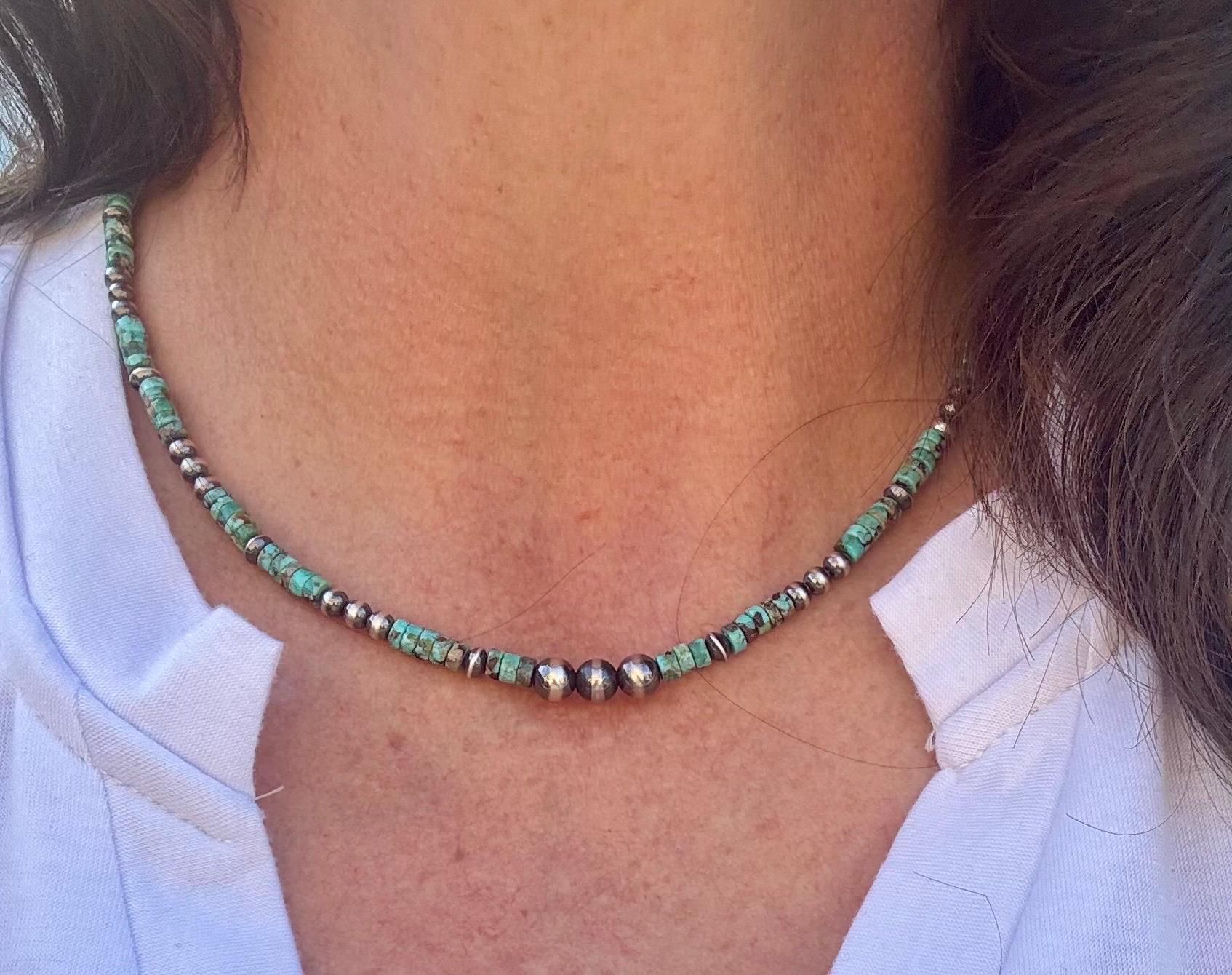 Turquoise & Navajo Pearl Necklace, Gemstone Necklace, Beaded Sterling Silver Jewelry, Gift for Her, Southwestern Style Jewelry