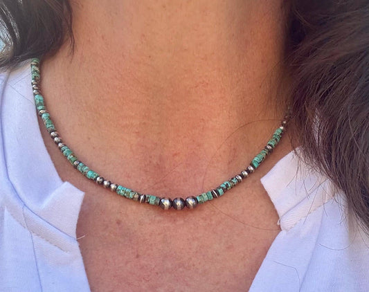 Turquoise & Navajo Pearl Necklace, Gemstone Necklace, Beaded Sterling Silver Jewelry, Gift for Her, Southwestern Style Jewelry