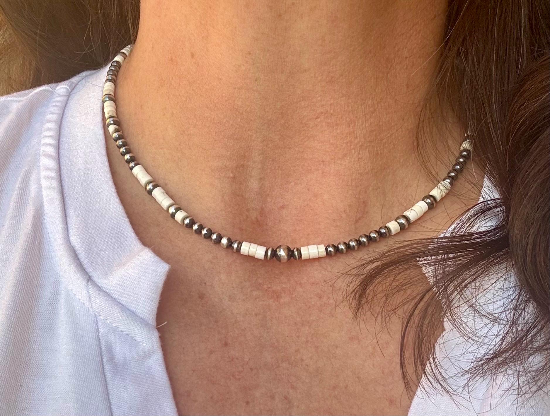 Navajo Pearl and White Turquoise Necklace, Sterling Silver Gemstone Beaded Necklace, Turquoise Choker, Authentic Navajo Pearl Necklace