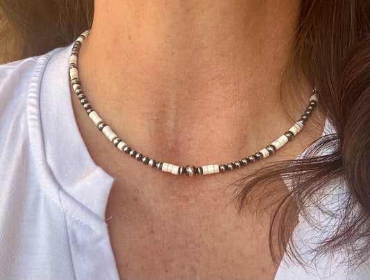 Navajo Pearl and White Turquoise Necklace, Sterling Silver Gemstone Beaded Necklace, Turquoise Choker, Authentic Navajo Pearl Necklace