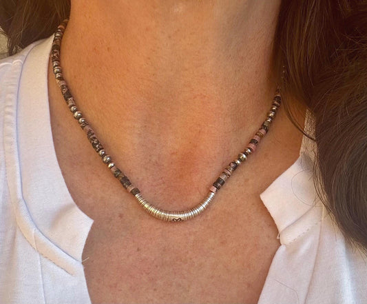 Navajo Pearl and Black Pink Rhodonite Necklace, Beaded Sterling Silver Necklace, Authentic Navajo Pearl Necklace Jewelry