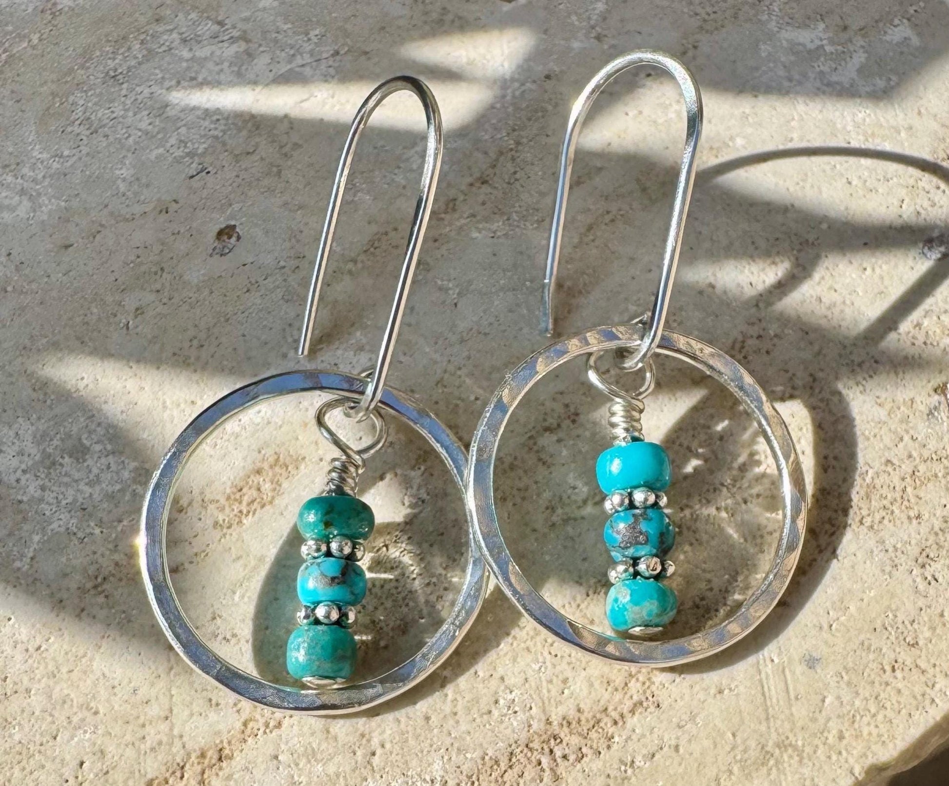 Turquoise Earrings with Sterling Silver Circle, Daisy Spacers, Gemstone Earrings, Turquoise Jewelry, Turquoise Gift