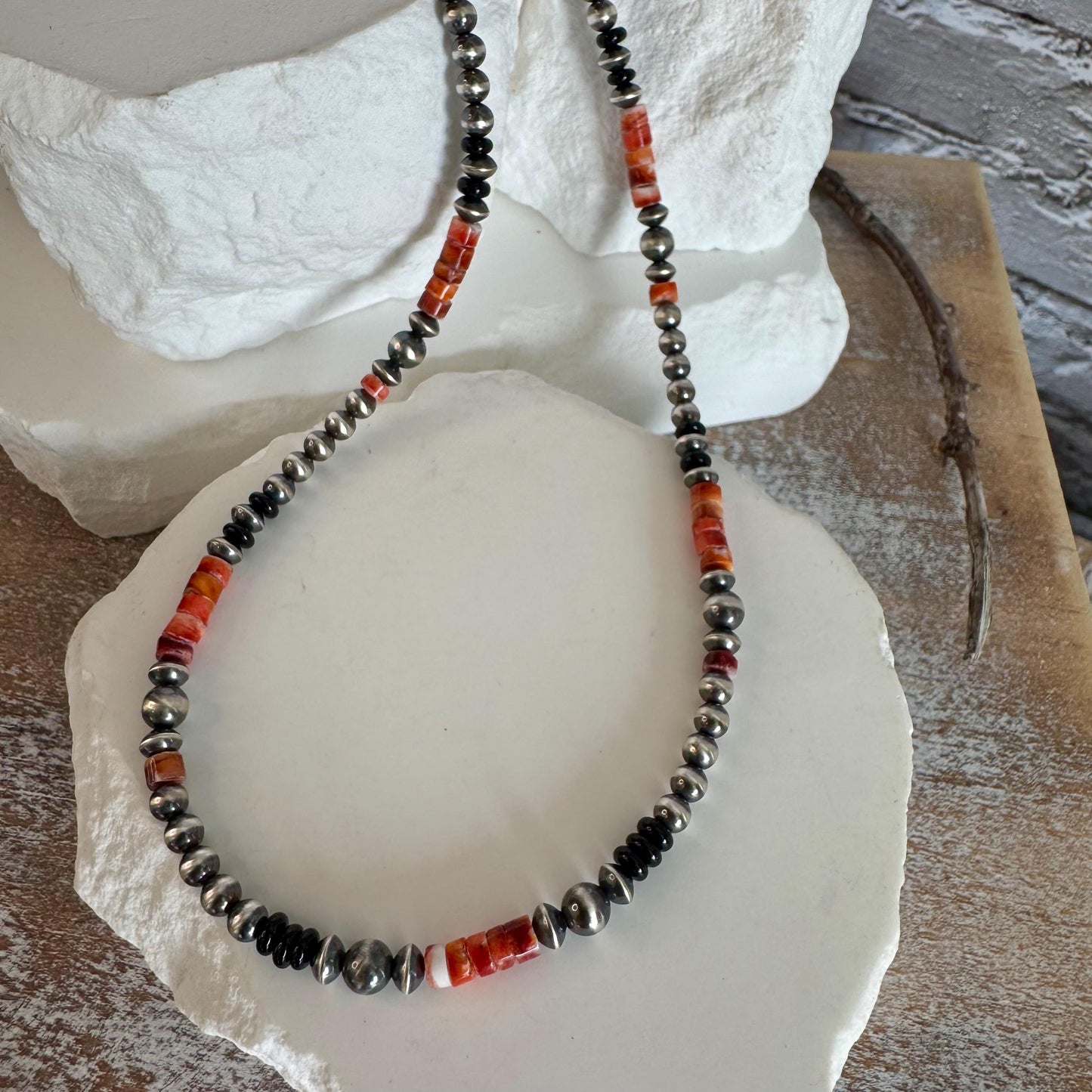 Navajo Pearl Gemstone Necklace, Onyx & Spiny Oyster, Sterling Silver Choker, Unique Gift, Authentic Native Necklace, Southwest Necklace