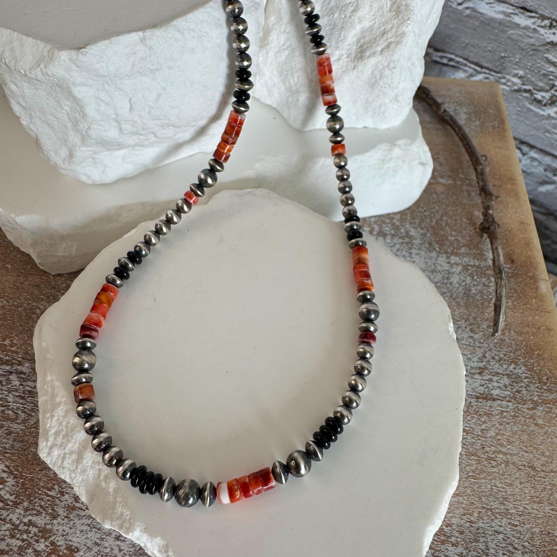 Navajo Pearl Gemstone Necklace, Onyx & Spiny Oyster, Sterling Silver Choker, Unique Gift, Authentic Native Necklace, Southwest Necklace