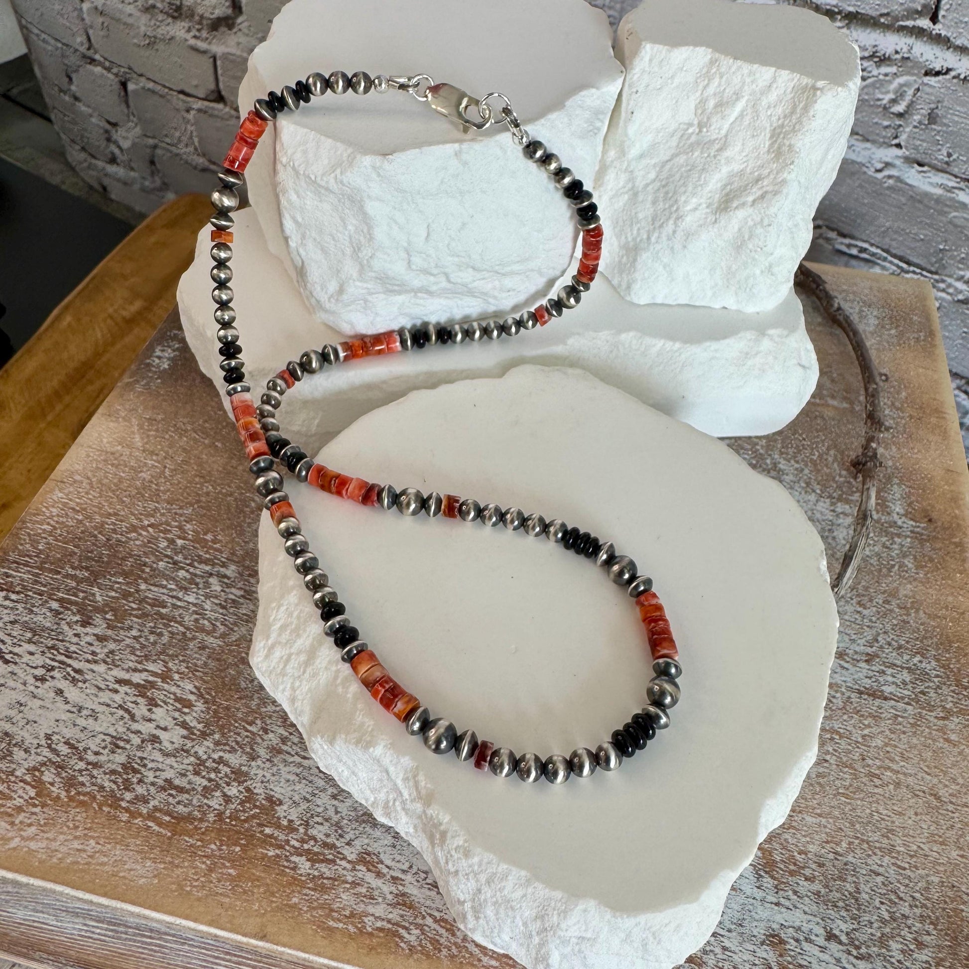 Navajo Pearl Gemstone Necklace, Onyx & Spiny Oyster, Sterling Silver Choker, Unique Gift, Authentic Native Necklace, Southwest Necklace