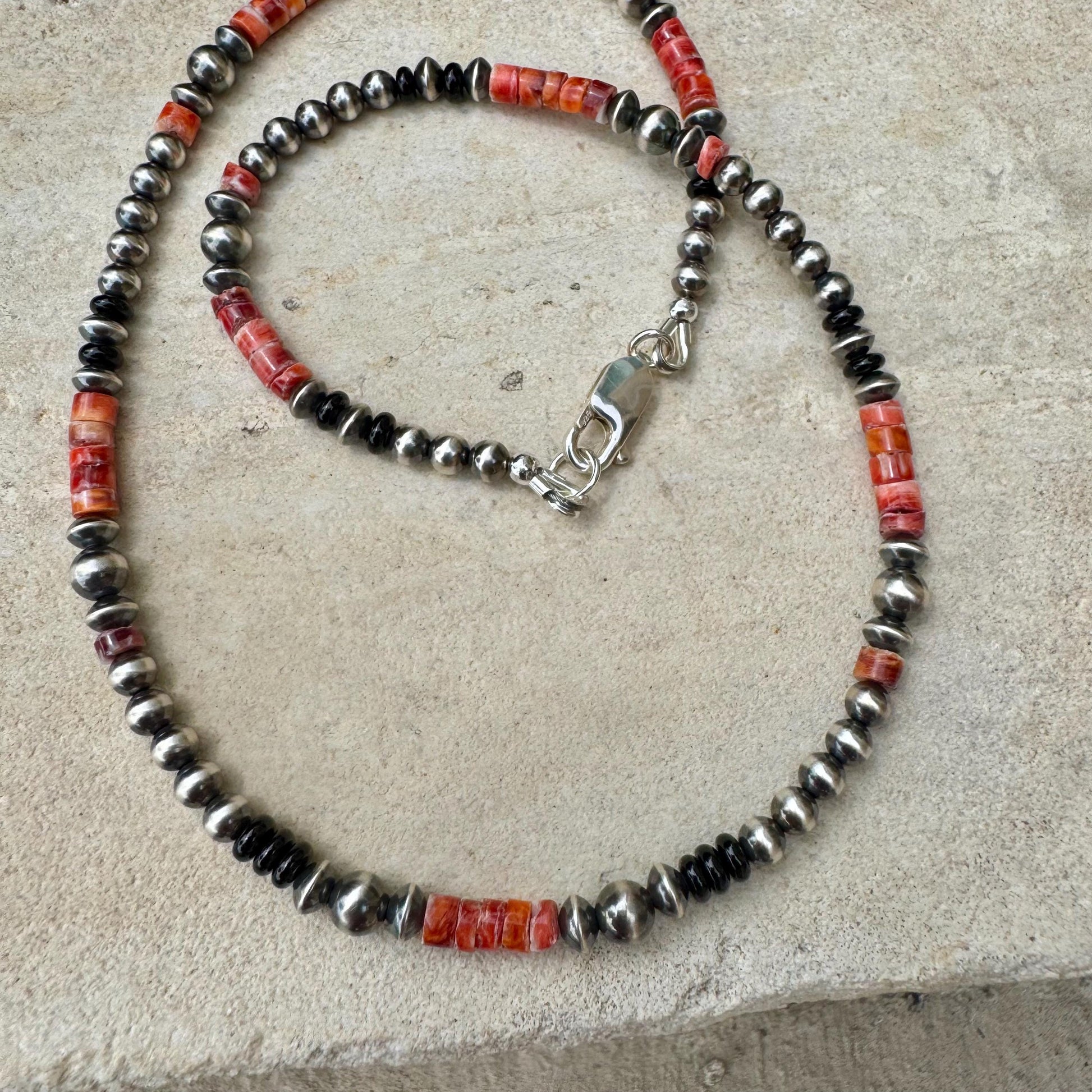 Navajo Pearl Gemstone Necklace, Onyx & Spiny Oyster, Sterling Silver Choker, Unique Gift, Authentic Native Necklace, Southwest Necklace