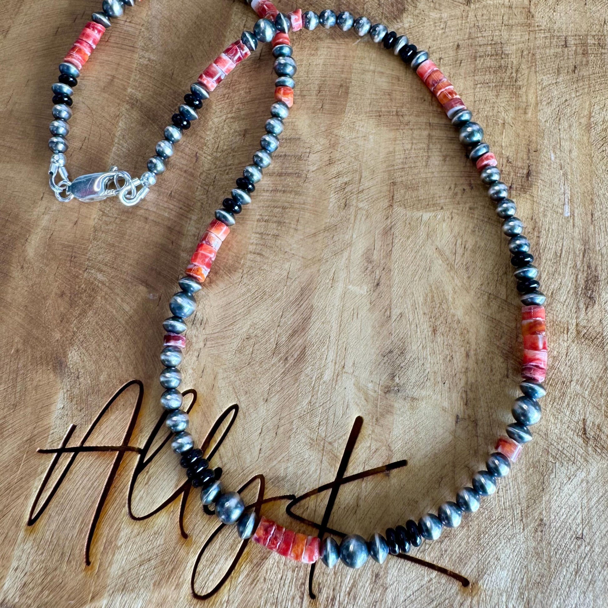 Navajo Pearl Gemstone Necklace, Onyx & Spiny Oyster, Sterling Silver Choker, Unique Gift, Authentic Native Necklace, Southwest Necklace