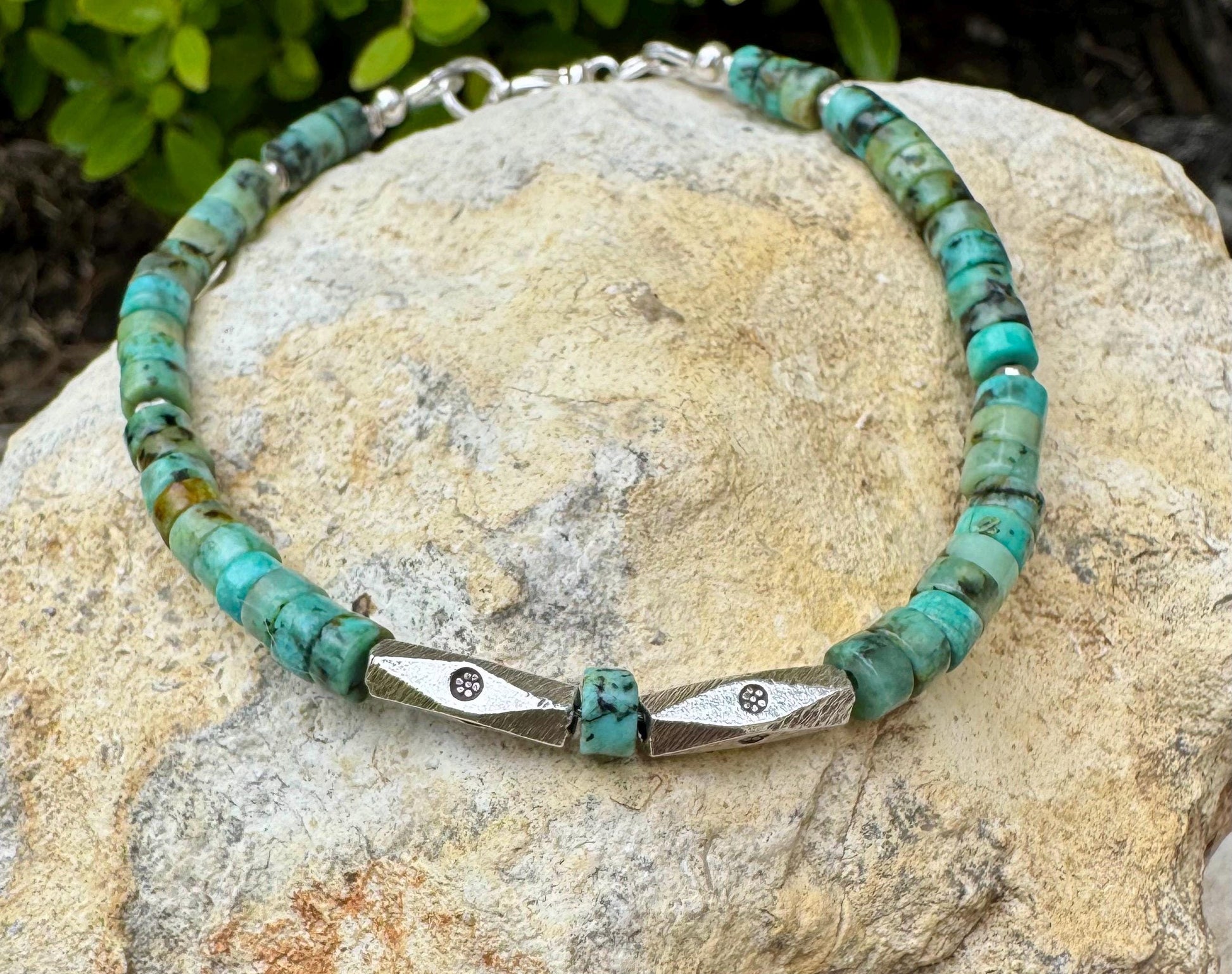 Sterling Silver and African Turquoise Bracelet, Gemstone Beaded Bracelet, Handmade Jewelry, Gift Idea