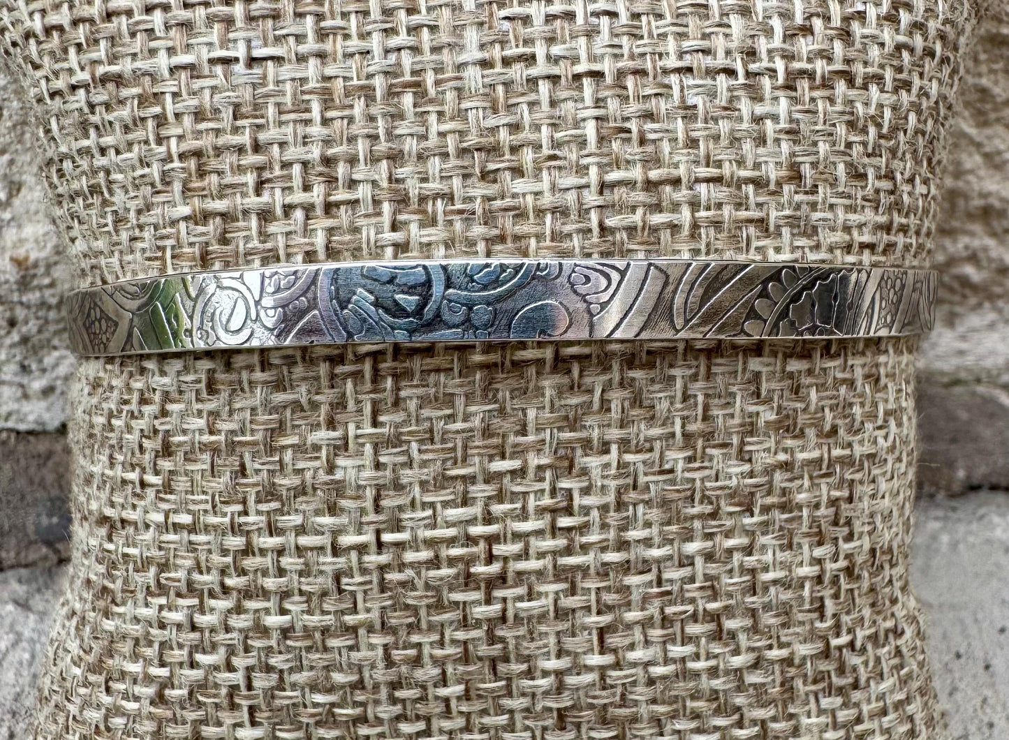 Flower doodle imprinted sterling silver cuff bracelet