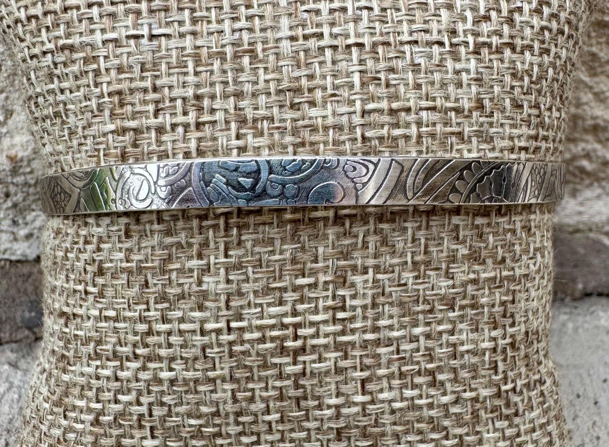Flower doodle imprinted sterling silver cuff bracelet