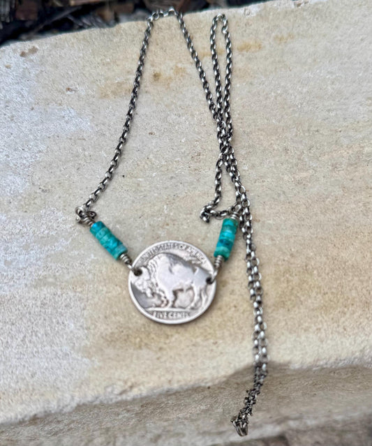 Indian head buffalo nickel on sterling silver oxidized Rolo chain with turquoise gemstone