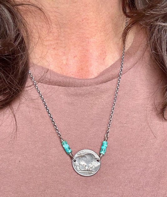 Indian head buffalo nickel on sterling silver oxidized Rolo chain with turquoise gemstone