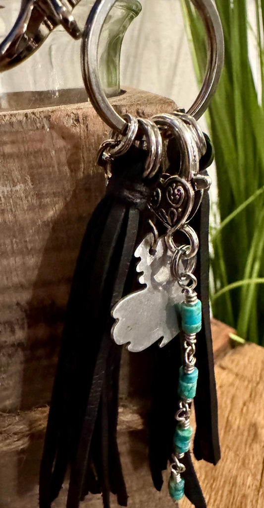 Turquoise keychain with black leather tassel / purse tassel