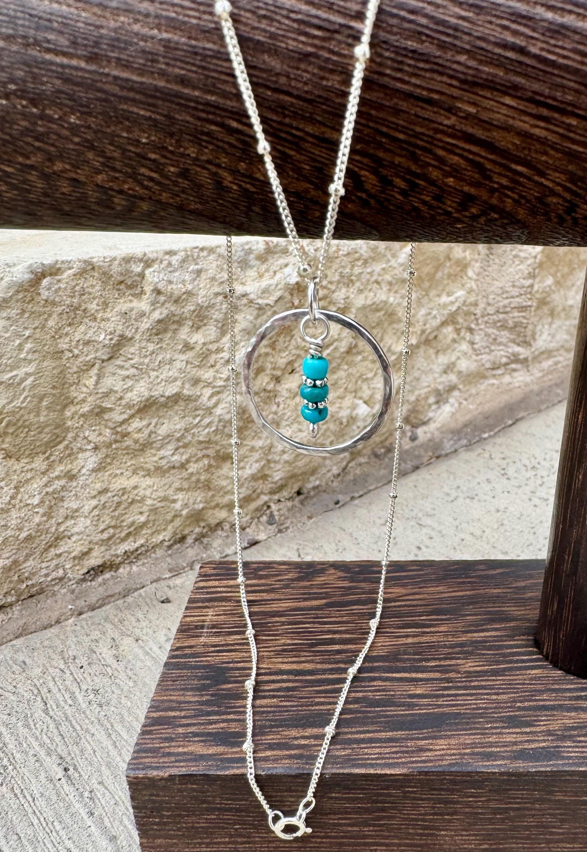 Arizona blue turquoise necklace with sterling silver daisy spacers, circle pendant and satellite chain / 925 necklace with turquoise