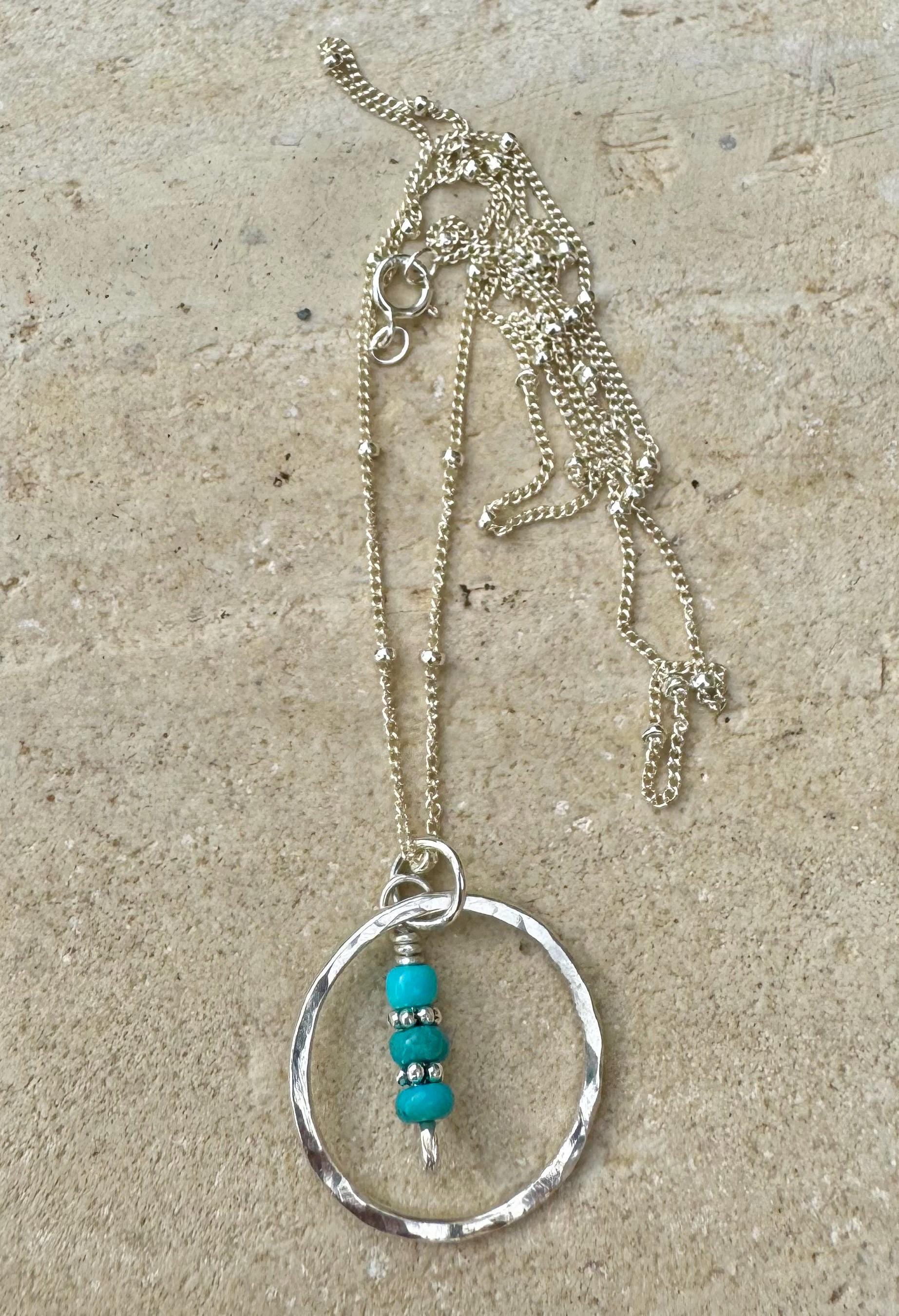 Arizona blue turquoise necklace with sterling silver daisy spacers, circle pendant and satellite chain / 925 necklace with turquoise
