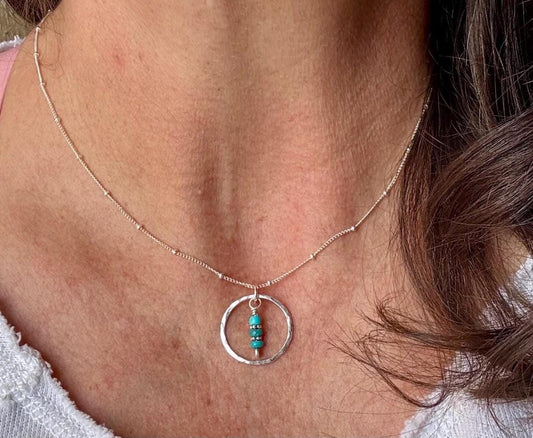 Arizona blue turquoise necklace with sterling silver daisy spacers, circle pendant and satellite chain / 925 necklace with turquoise