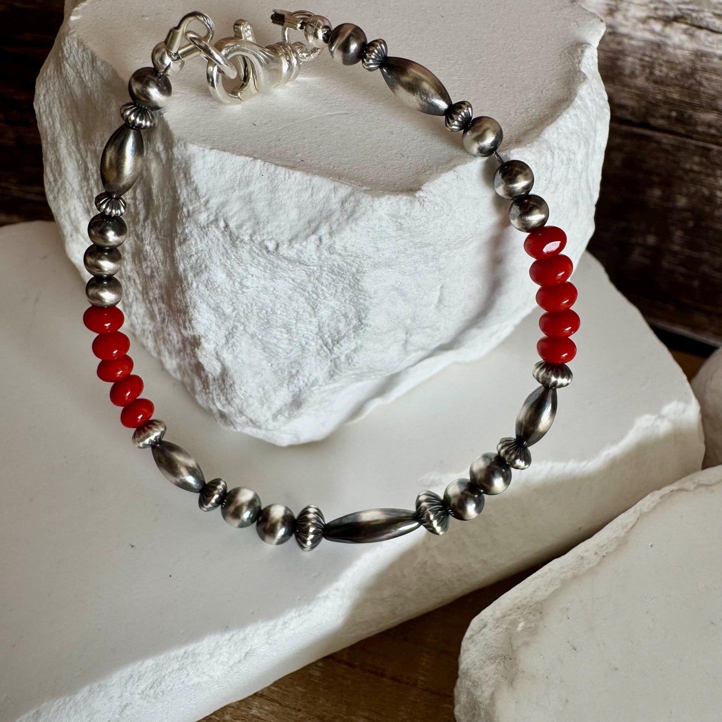 Navajo Pearl bracelet with Red Bamboo Coral/ sterling silver gemstone beaded bracelet
