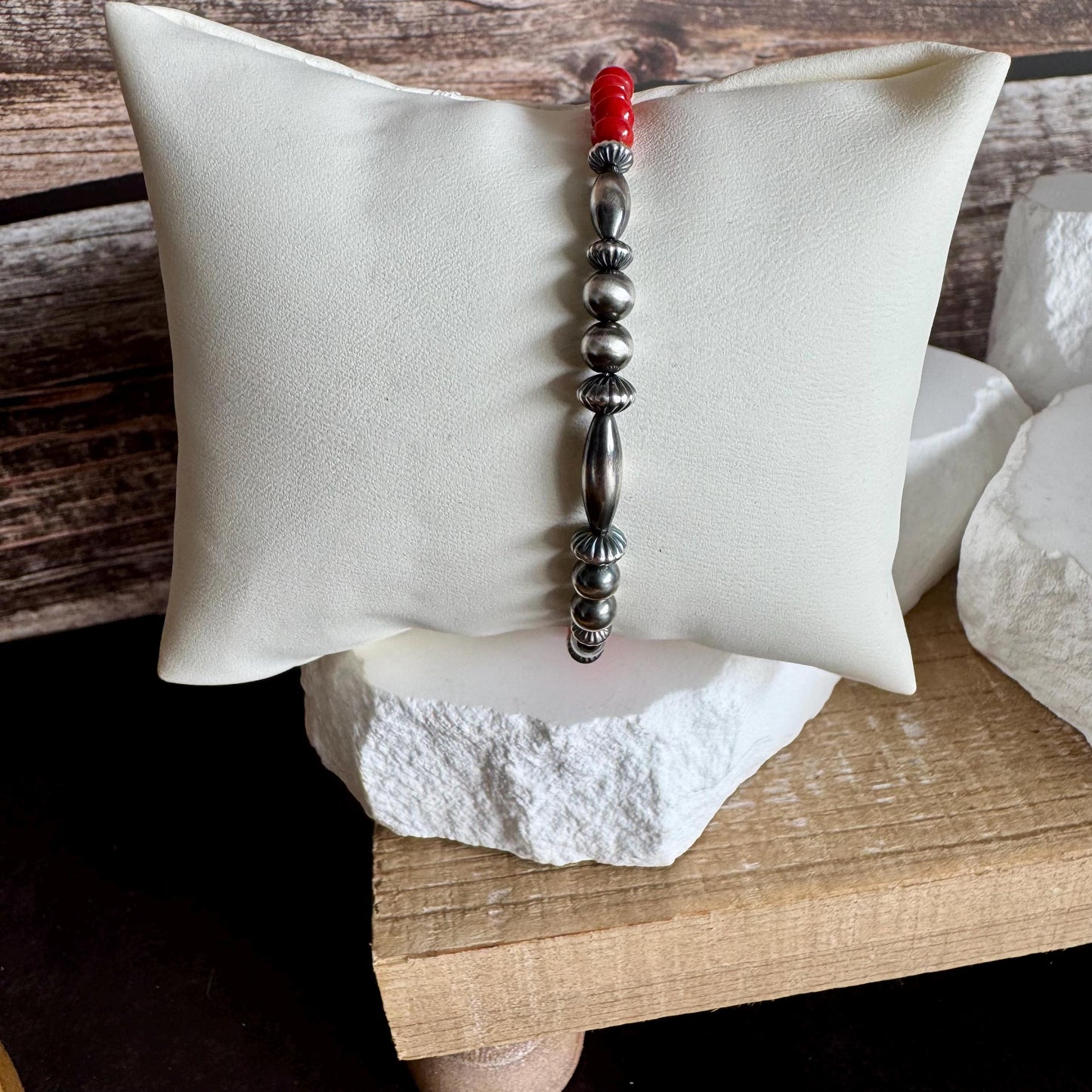 Navajo Pearl bracelet with Red Bamboo Coral/ sterling silver gemstone beaded bracelet