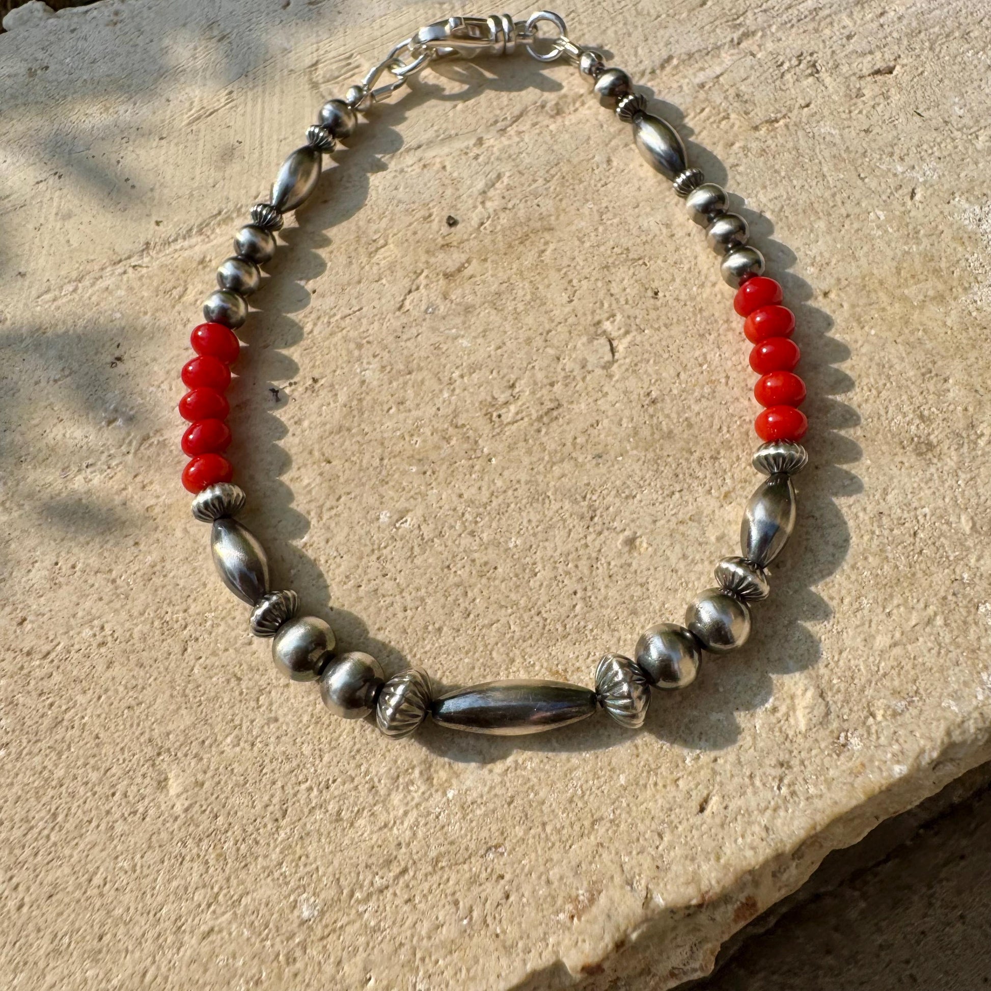 Navajo Pearl bracelet with Red Bamboo Coral/ sterling silver gemstone beaded bracelet
